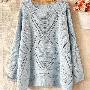 Fashion Blue Hollow Out Pullover Sweater