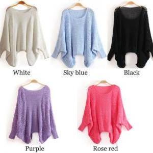 Knitted Scoop Neck Batwing Sleeves Loose Sweater