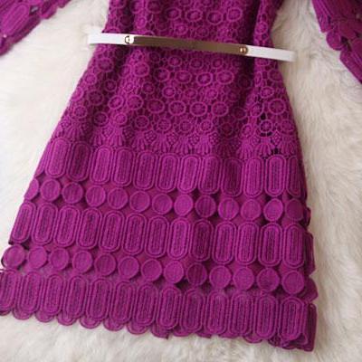 Lace Hollow Flower Purple Dress With Belt