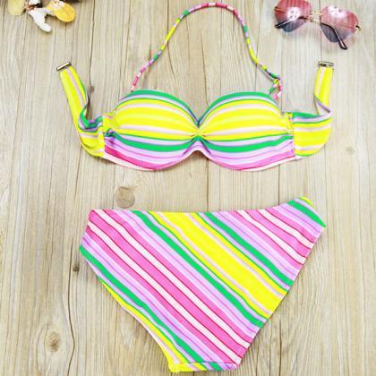 Striped Print Woman Bikini Swimsuit