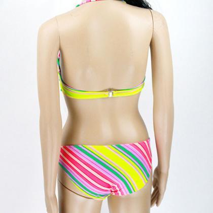 Striped Print Woman Bikini Swimsuit