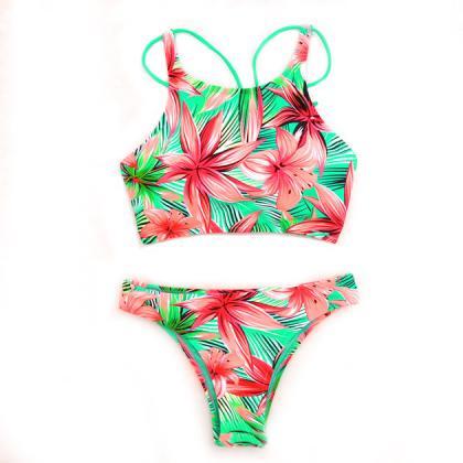 Lily Flowers Printing Bikini Set Swimsuit Swimwear..