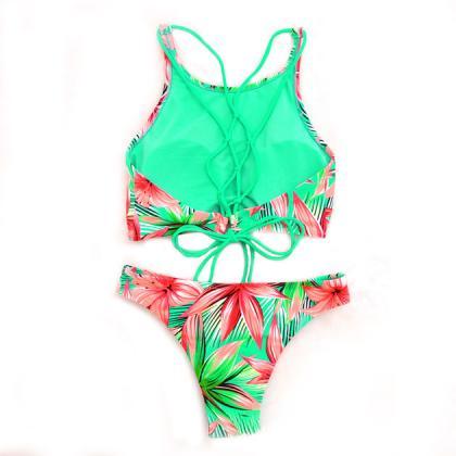 Lily Flowers Printing Bikini Set Swimsuit Swimwear..