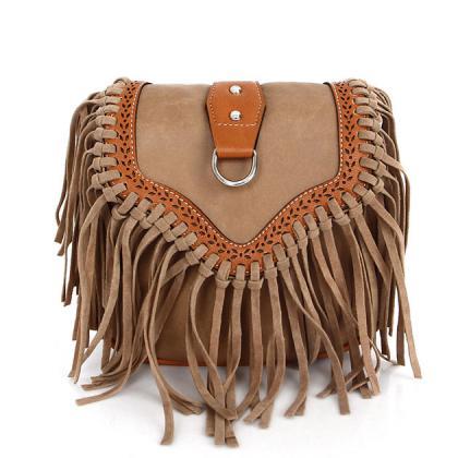 Brown Suede Saddle Shoulder Bag Fea..