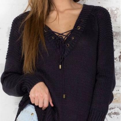 Lace-up Plunge V Knitted Sweater Featuring Slits