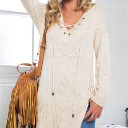 Lace-up Plunge V Knitted Sweater Featuring Slits