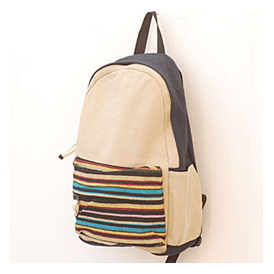 Fashion Cream Striped Canvas Backpack