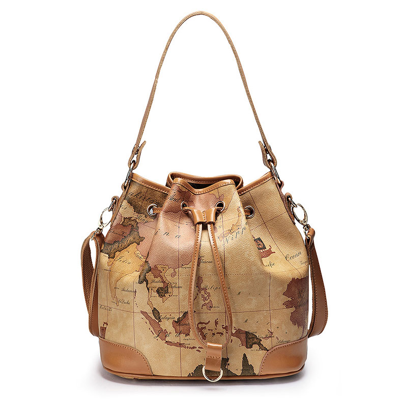 Bucket Shoulder Bag Lady's Vintage Fashion World Map Designer Handbags Women Leather Waterproof Bags