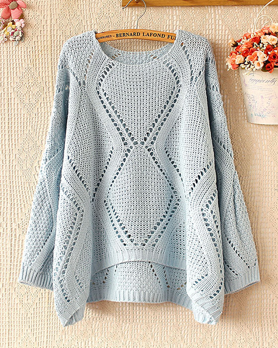 Fashion Blue Hollow Out Pullover Sweater