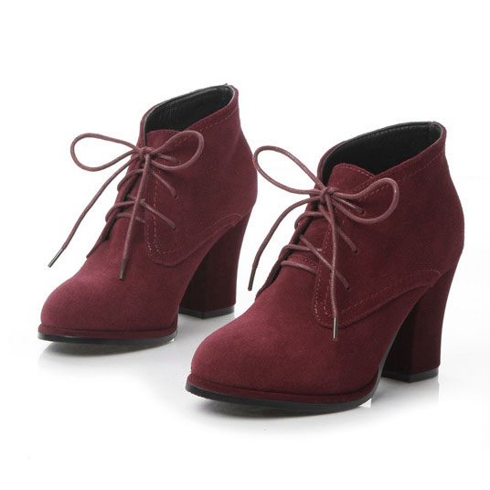 Nubuck Leather Lace-up Pointed Chunky Heel Ankle Boots