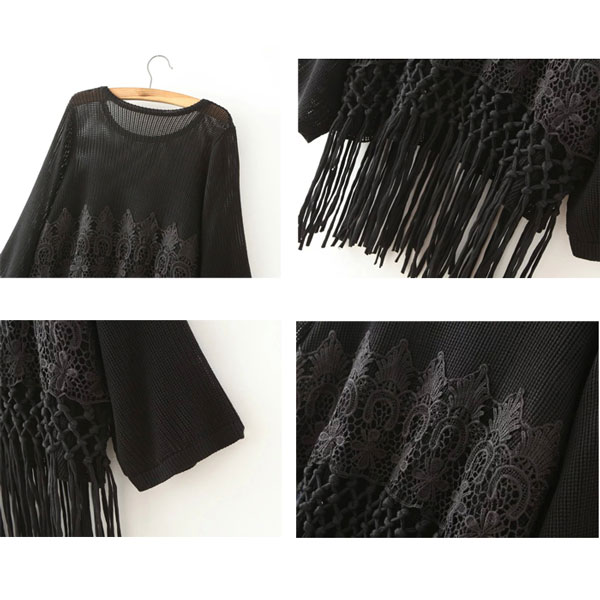 Lace Tassel Loose O-neck Batwing Sleeve Solid Sweater on Luulla
