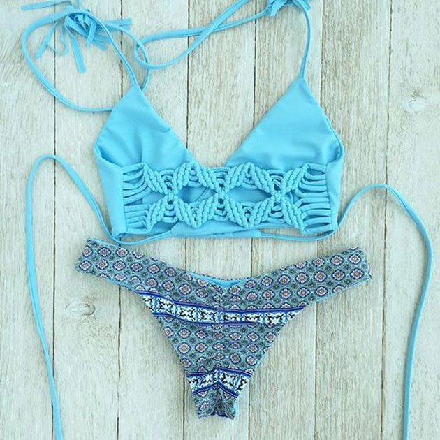 Blue Butterfly Stamp Series Split Swimsuit Beach Bikini Set Swimwear Bathingsuit