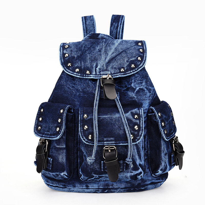 Denim Travel Backpck Rivet Drawstring Leisure Backpack&schoolbag