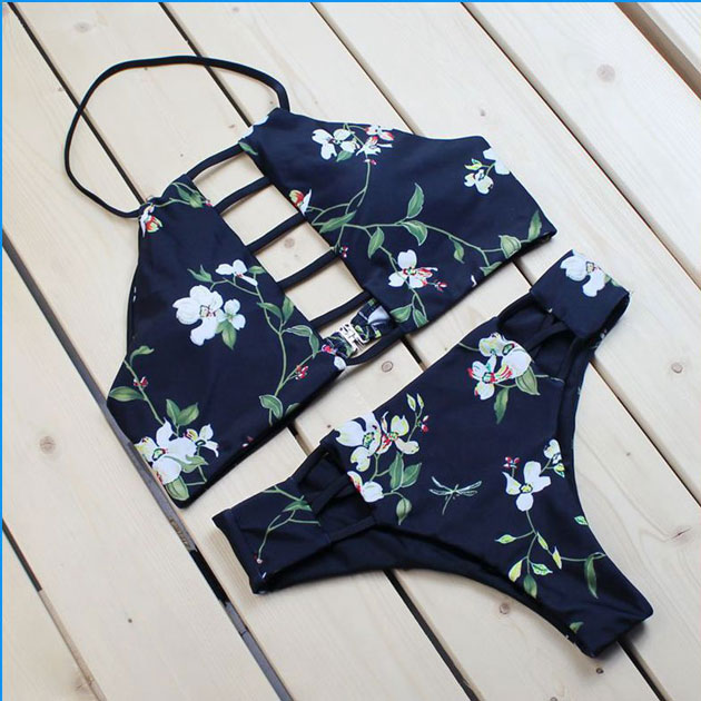 Dark Blue Bandage Bikini Set Printing Split Swimsuit on Luulla
