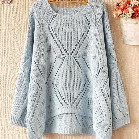 Fashion Blue Hollow Out Pullover Sweater on Luulla