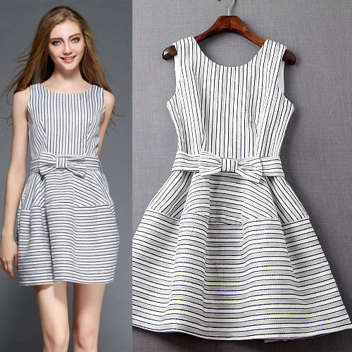 Sleeveless O-neck Bow Striped Ball Gown Dress on Luulla