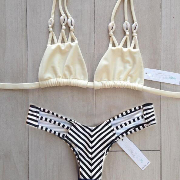 Black And White Striped Seashell Bikini Split Nets Swimsuit on Luulla